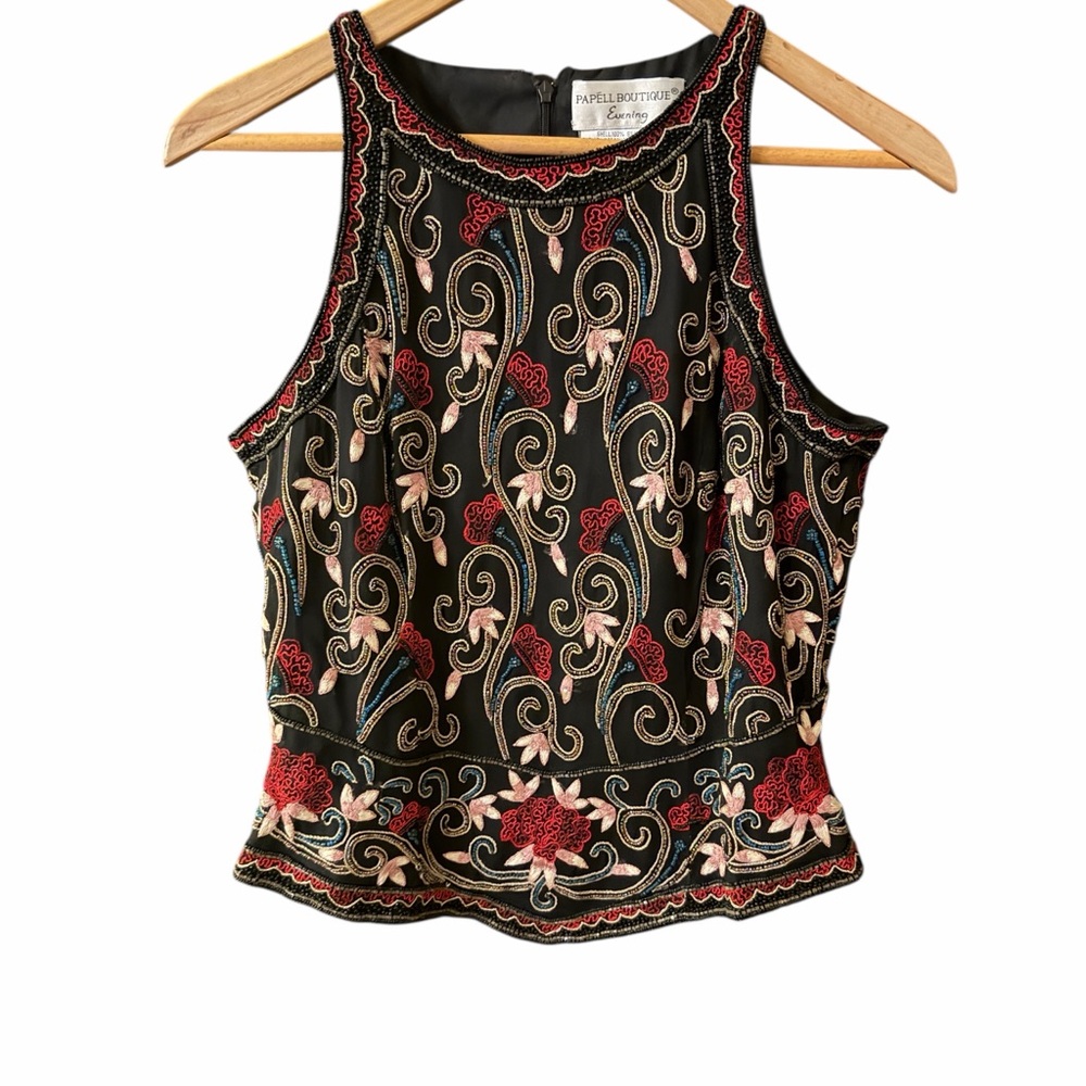 Papell Boutique Black and Red Floral Embroidered Blouse - Picture 1 of 8
